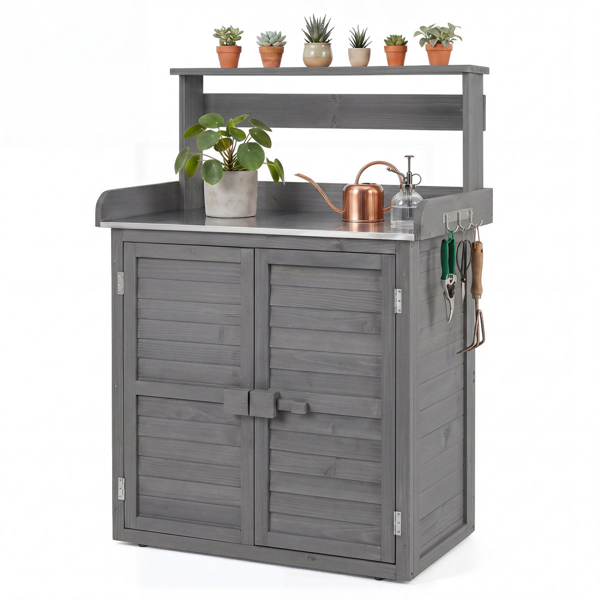 Wood Plant Workstation with Stainless Steel Tabletop and Removable Shelves
