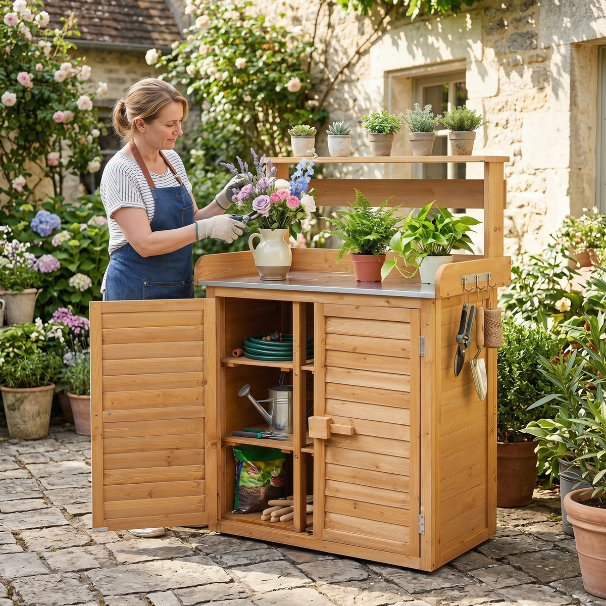 Wood Plant Workstation with Stainless Steel Tabletop and Removable Shelves