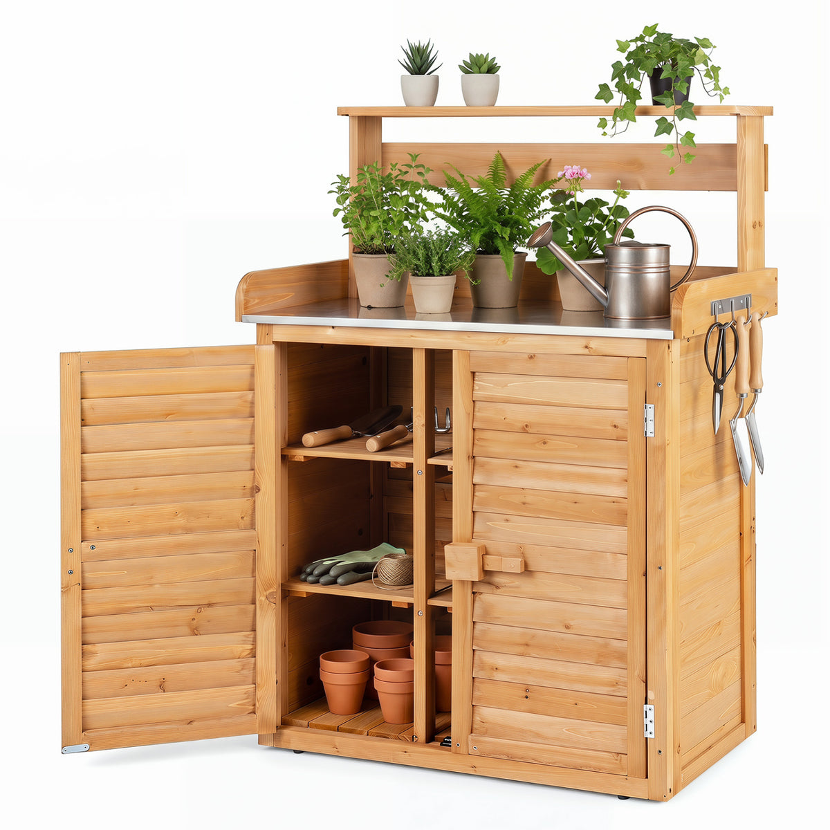 Wood Plant Workstation with Stainless Steel Tabletop and Removable Shelves