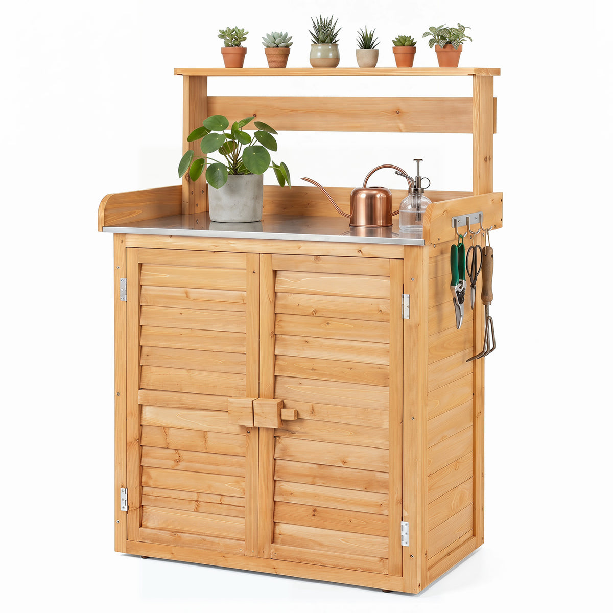 Wood Plant Workstation with Stainless Steel Tabletop and Removable Shelves