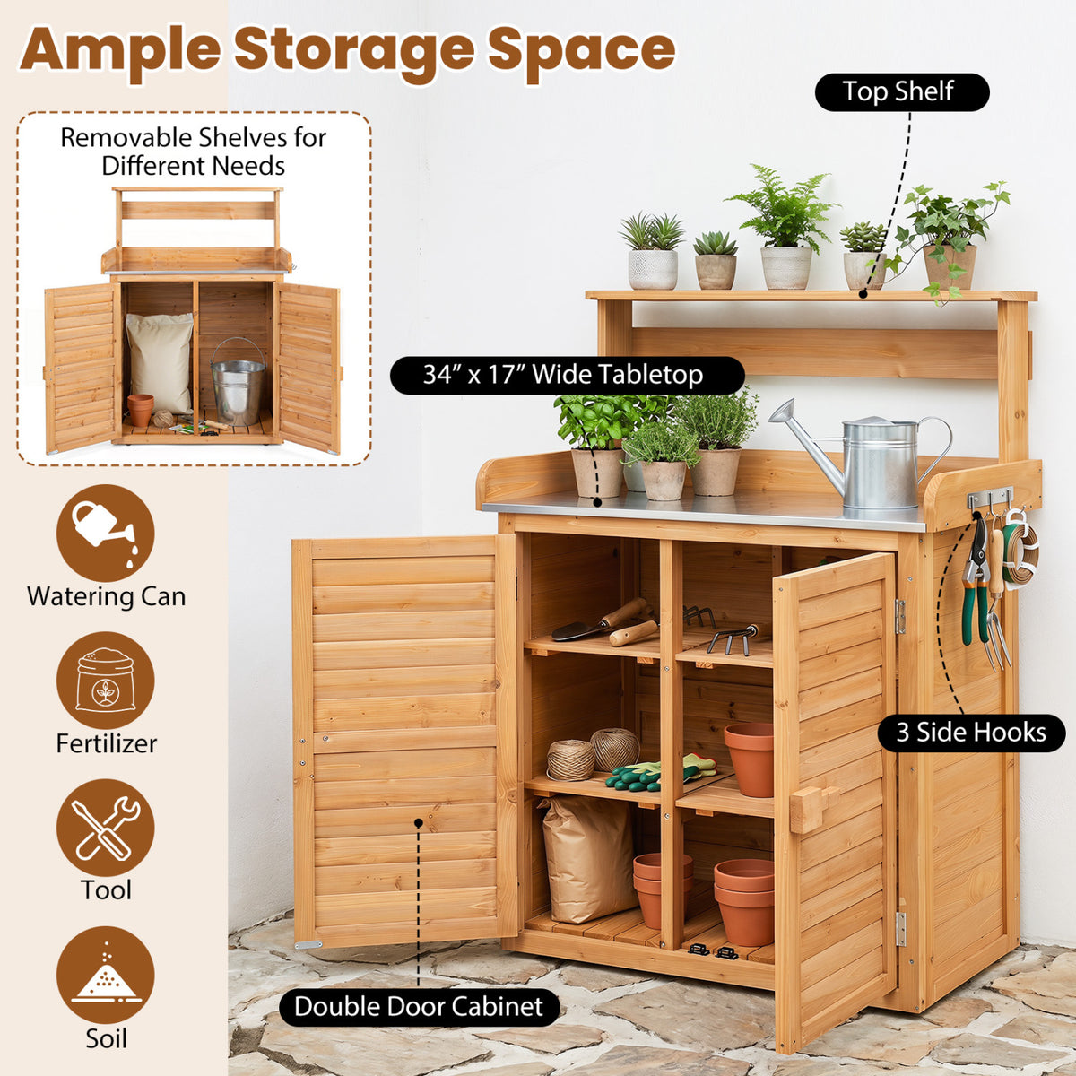 Wood Plant Workstation with Stainless Steel Tabletop and Removable Shelves
