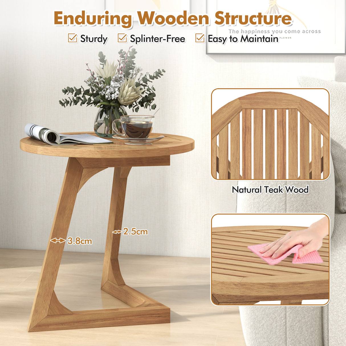 Teak Wood Side Table Round Sofa End Table with Slatted Tabletop