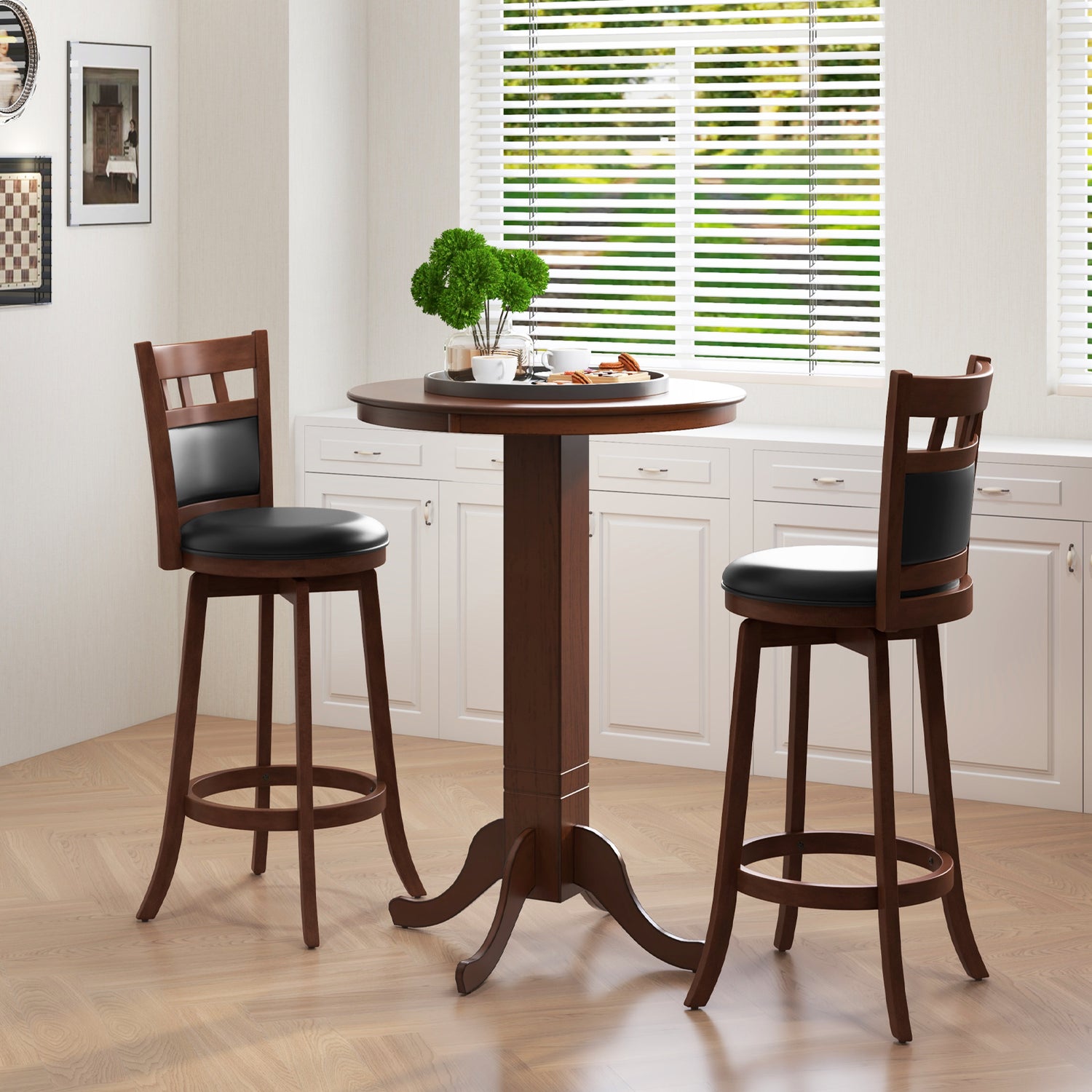 Wood Swivel Bar Stools Set of 2 with Faux Leather Upholstered Seat and Back-Brown