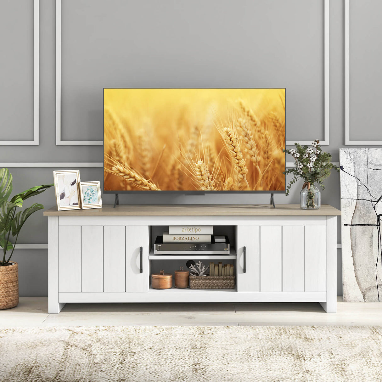 TV Stand with 2 Cabinets and Open Shelves for TVs up to 65 Inch