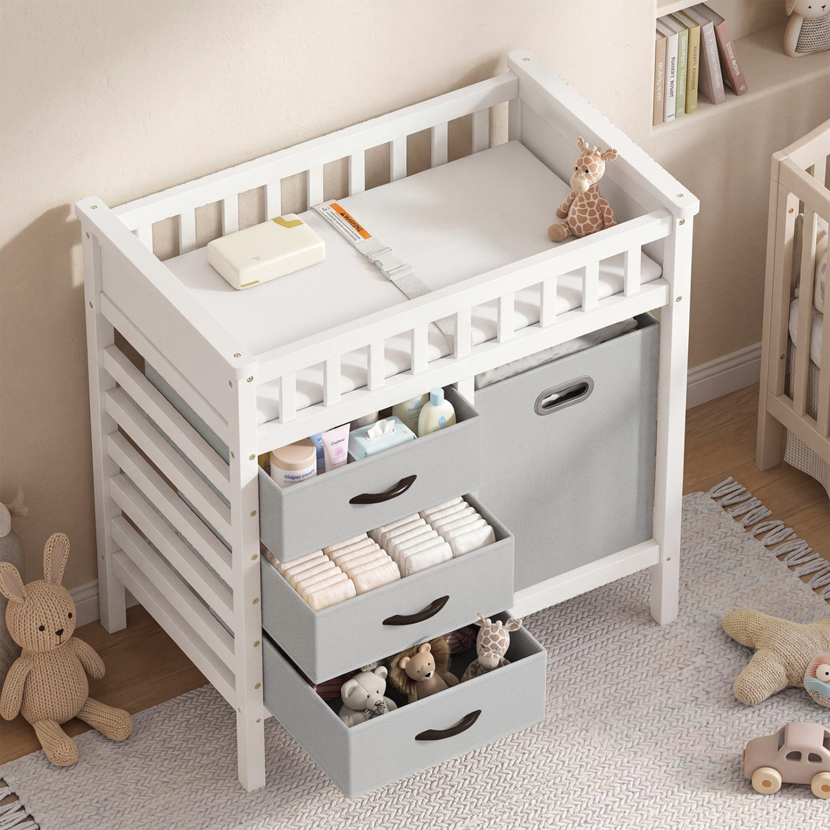 Wooden Baby Changing Table Diaper Changing Station with 3 Fabric Storage Drawers