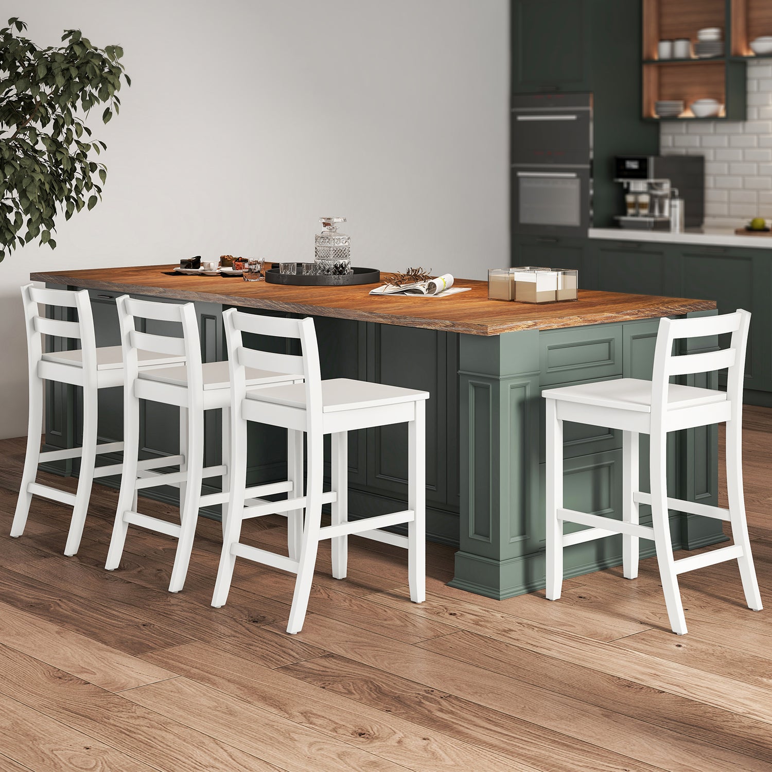 Wooden Bar Stools Set of 2 with Ergonomic Backrest and Footrest