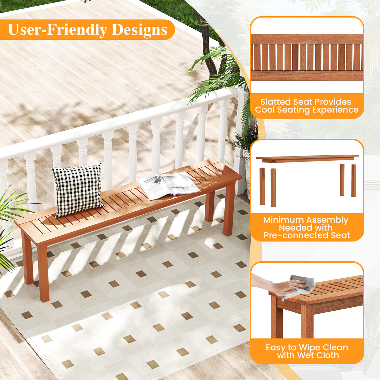 Outdoor 59 Inch Long Patio Dining Backless Wooden Bench with Teak Oil Finish