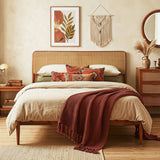 Wooden Boho Rattan Brown Bed Frame with Wooden Slat Support