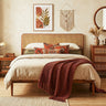 Wooden Boho Rattan Brown Bed Frame with Wooden Slat Support