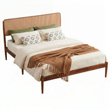 Wooden Boho Rattan Brown Bed Frame with Wooden Slat Support