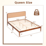 Wooden Boho Rattan Brown Bed Frame with Wooden Slat Support