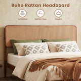 Wooden Boho Rattan Brown Bed Frame with Wooden Slat Support