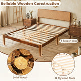 Wooden Boho Rattan Brown Bed Frame with Wooden Slat Support