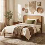 Wooden Boho Rattan Brown Bed Frame with Wooden Slat Support