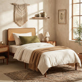 Wooden Boho Rattan Brown Bed Frame with Wooden Slat Support