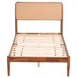 Wooden Boho Rattan Brown Bed Frame with Wooden Slat Support