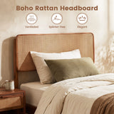Wooden Boho Rattan Brown Bed Frame with Wooden Slat Support