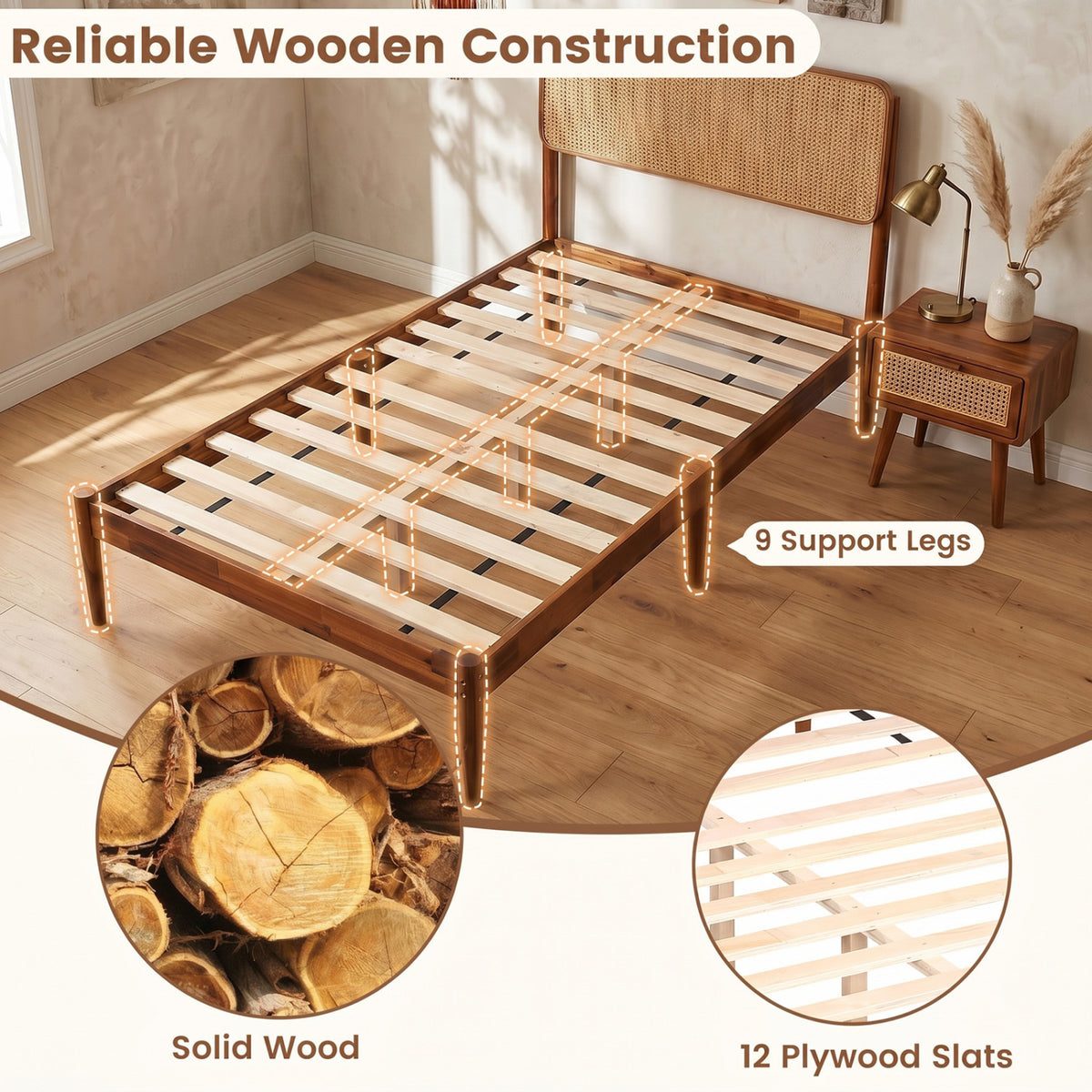 Wooden Boho Rattan Brown Bed Frame with Wooden Slat Support