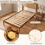 Wooden Boho Rattan Brown Bed Frame with Wooden Slat Support