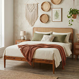 Wooden Boho Rattan Brown Bed Frame with Wooden Slat Support