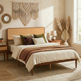 Wooden Boho Rattan Brown Bed Frame with Wooden Slat Support