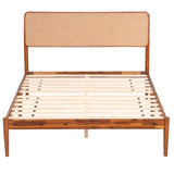 Wooden Boho Rattan Brown Bed Frame with Wooden Slat Support