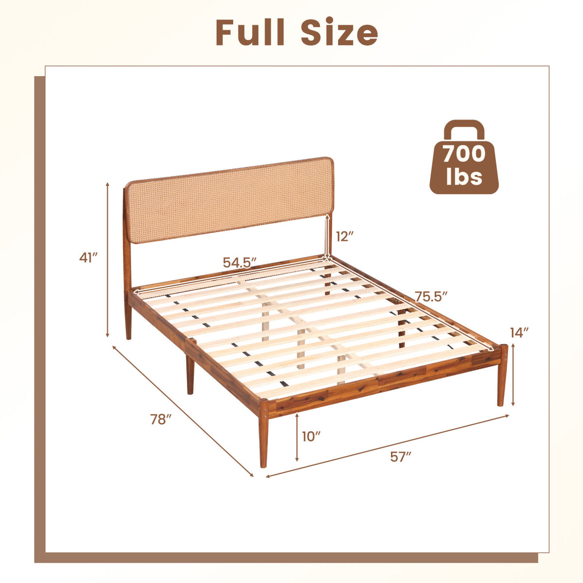 Wooden Boho Rattan Brown Bed Frame with Wooden Slat Support