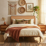 Wooden Boho Rattan Brown Bed Frame with Wooden Slat Support