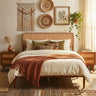 Wooden Boho Rattan Brown Bed Frame with Wooden Slat Support