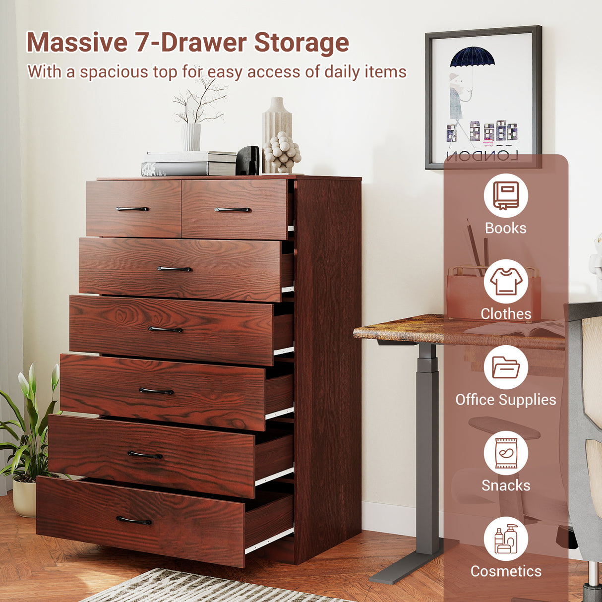 Wooden Chest of Drawers with Anti-toppling Device and Metal Handles