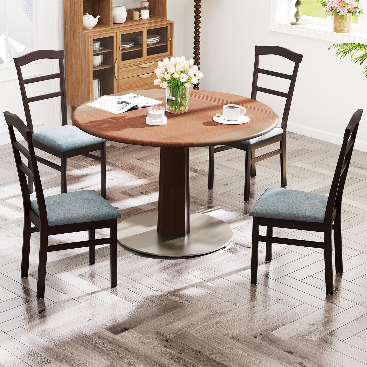 Wooden Dining Chair Set of 2 Linen Fabric Upholstered Kitchen Chairs Farmhouse Side Accent Chairs