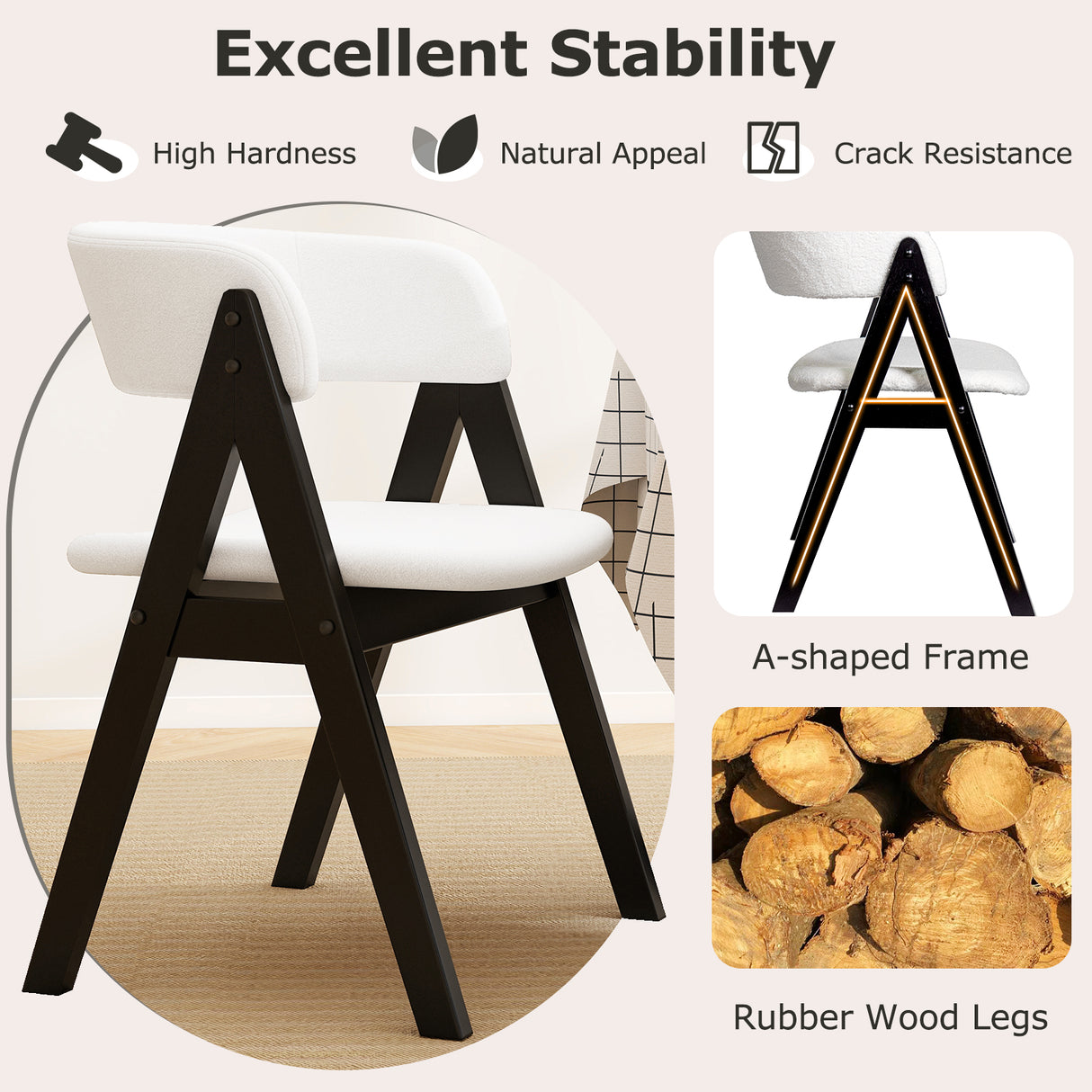 Wooden Dining Chair Set of 2 Mid-Century Modern Sherpa Upholstered Kitchen Dining Room Chairs