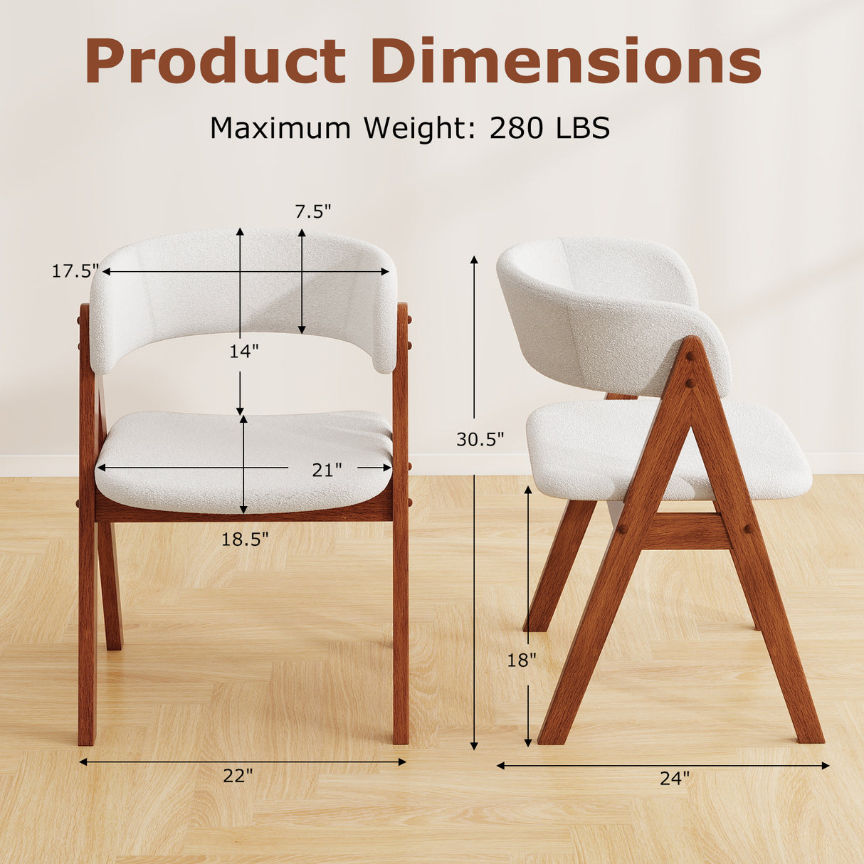 Wooden Dining Chair Set of 2 Mid-Century Modern Sherpa Upholstered Kitchen Dining Room Chairs