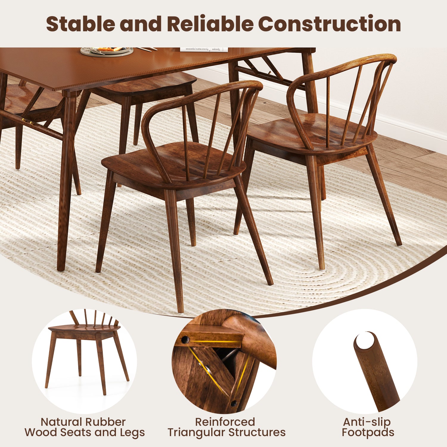 Wooden Dining Chair Set of 2 with High Spindle Back and Wide Seat