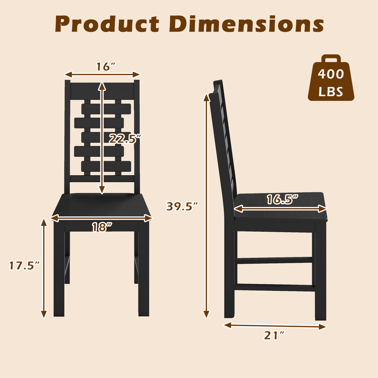 Wooden Dining Chair Set of 2 Solid Rubber Wood Kitchen Chairs