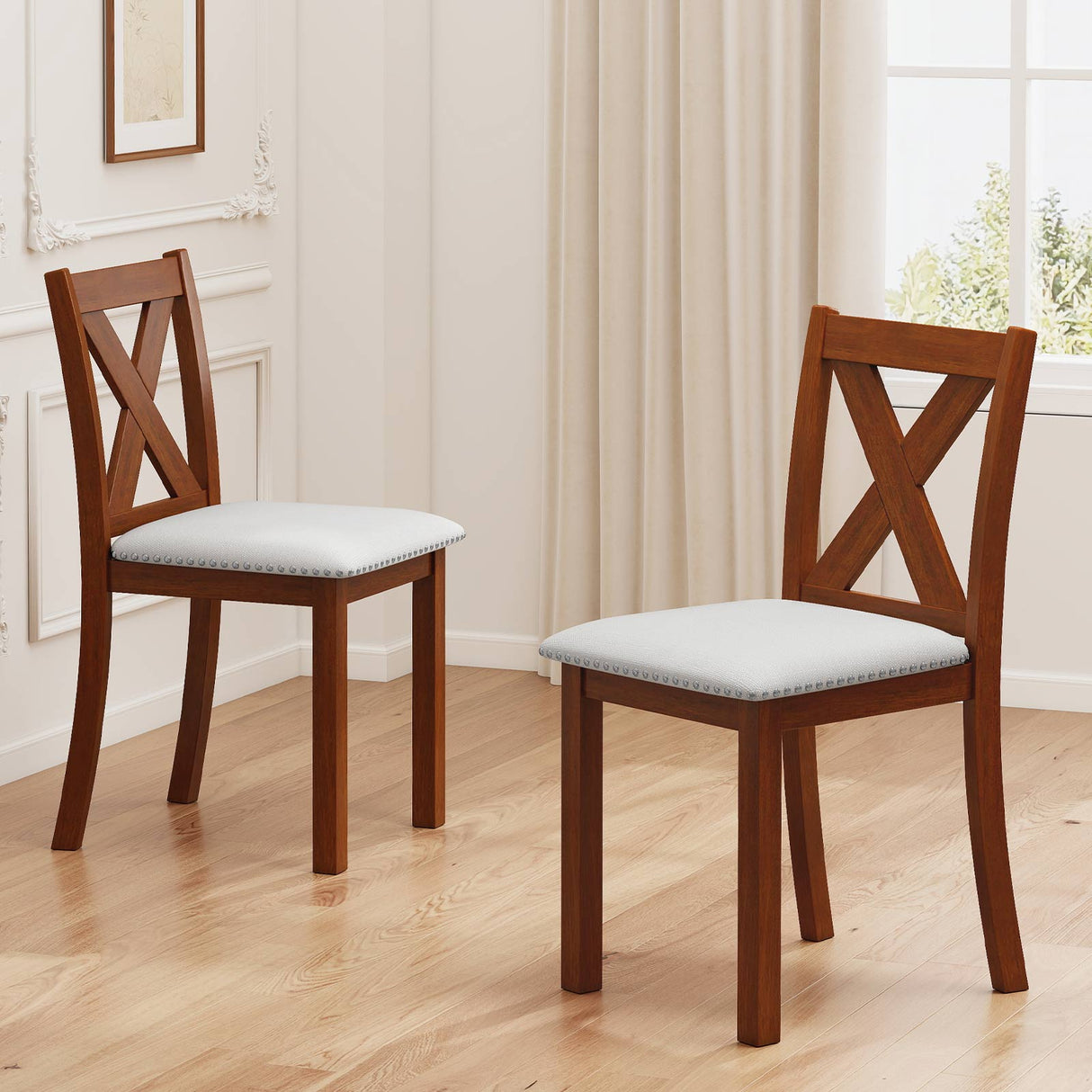 Wooden Dining Chair Set of 2 with Padded Seat and Curved Back-Beige