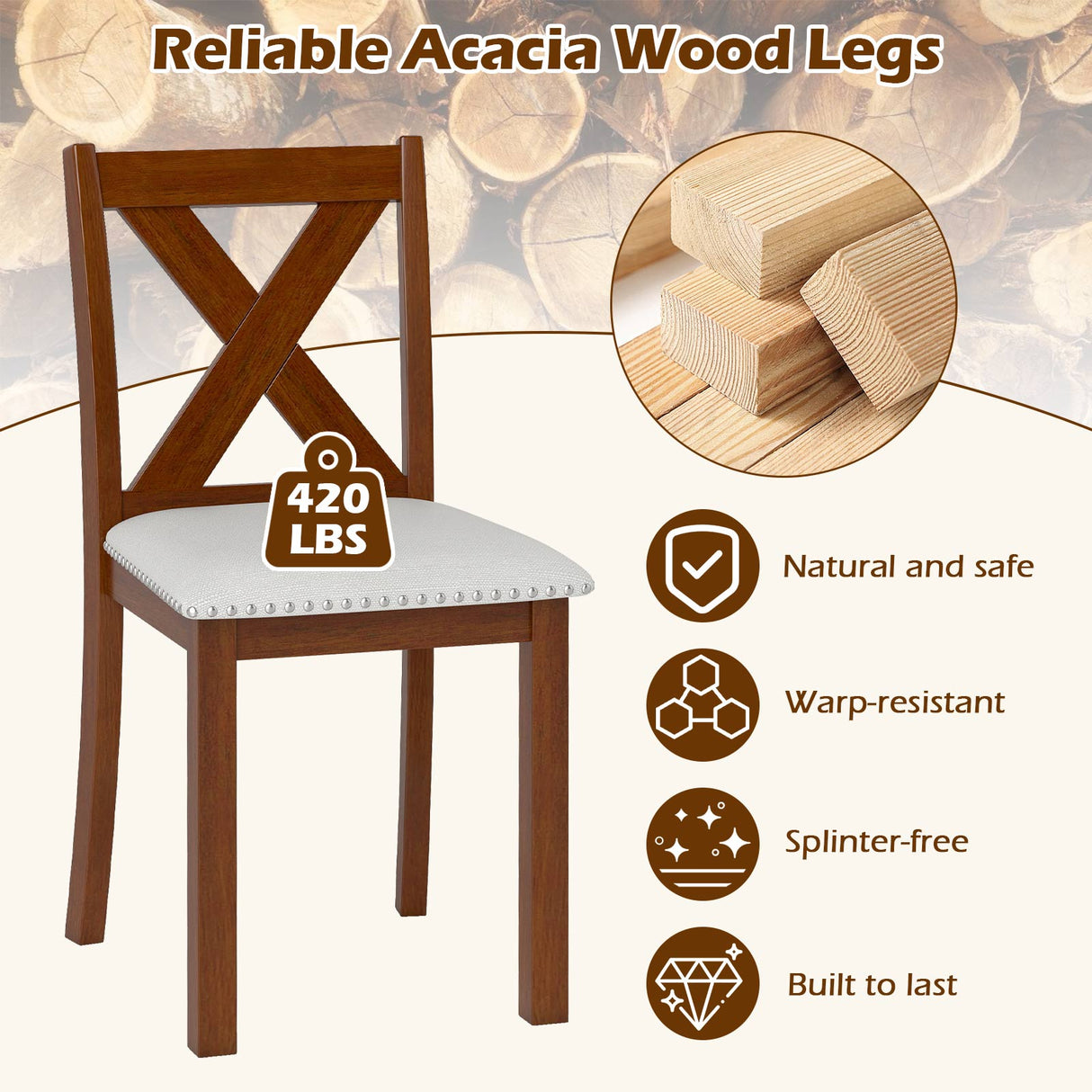 Wooden Dining Chair Set of 2 with Padded Seat and Curved Back-Beige