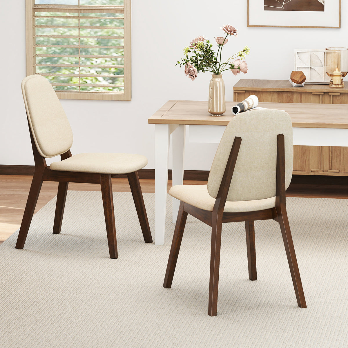 Wooden Dining Chair Set of 2 Mid-Century Modern Upholstered Side Armless Chair-Brown
