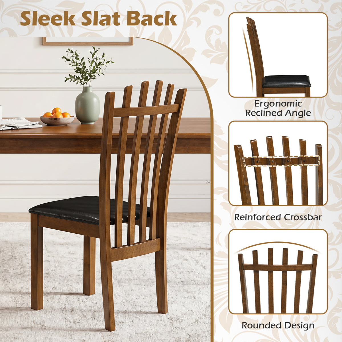 Wooden Dining Chair Set of 2 with Spindle Back & PU Leather Seat-Black