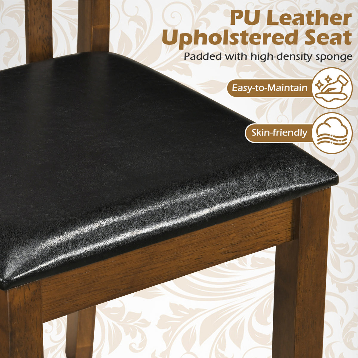 Wooden Dining Chair Set of 2 with Spindle Back & PU Leather Seat-Black