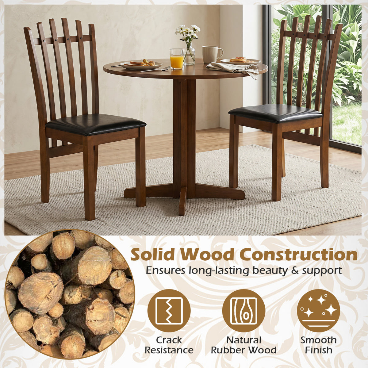 Wooden Dining Chair Set of 4 with Spindle Back & PU Leather Seat-Black