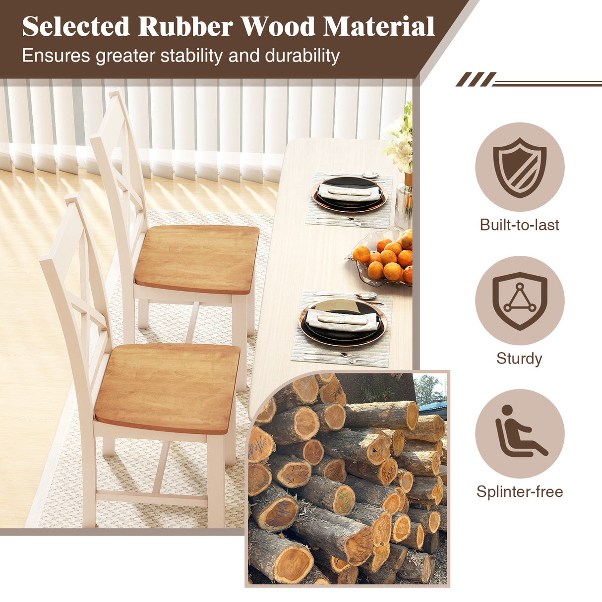 Wooden Dining Chairs Set of 2 with High Back and Rubber Wood Frame-Natural