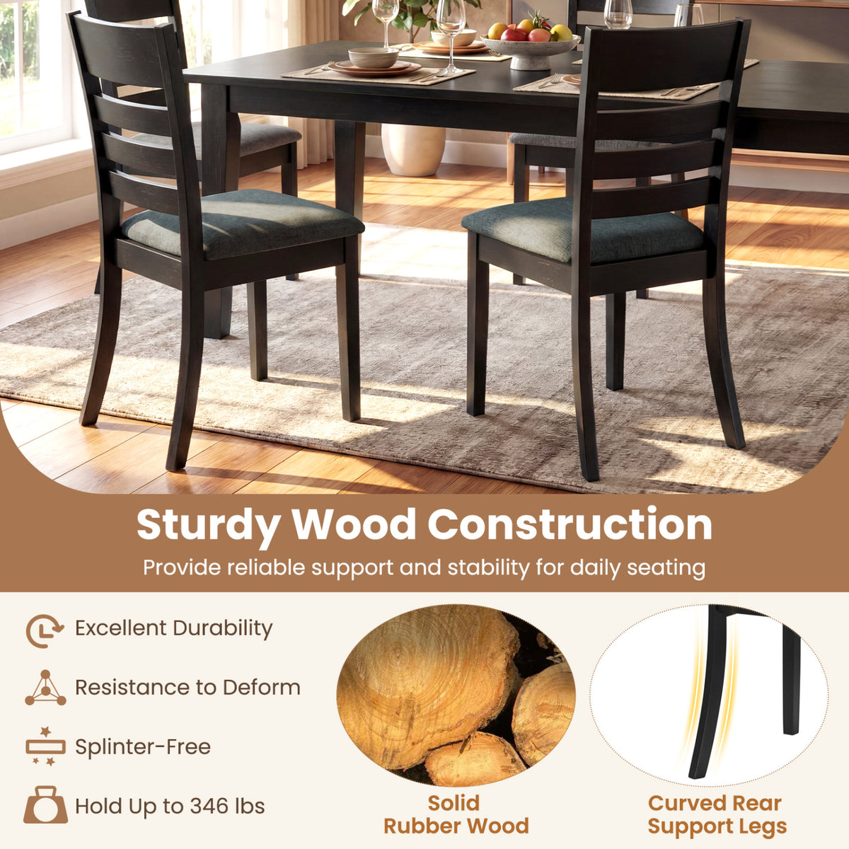 Wooden Dining Chairs Set of 2 Upholstered Kitchen Chairs with Rubber Wood Frame