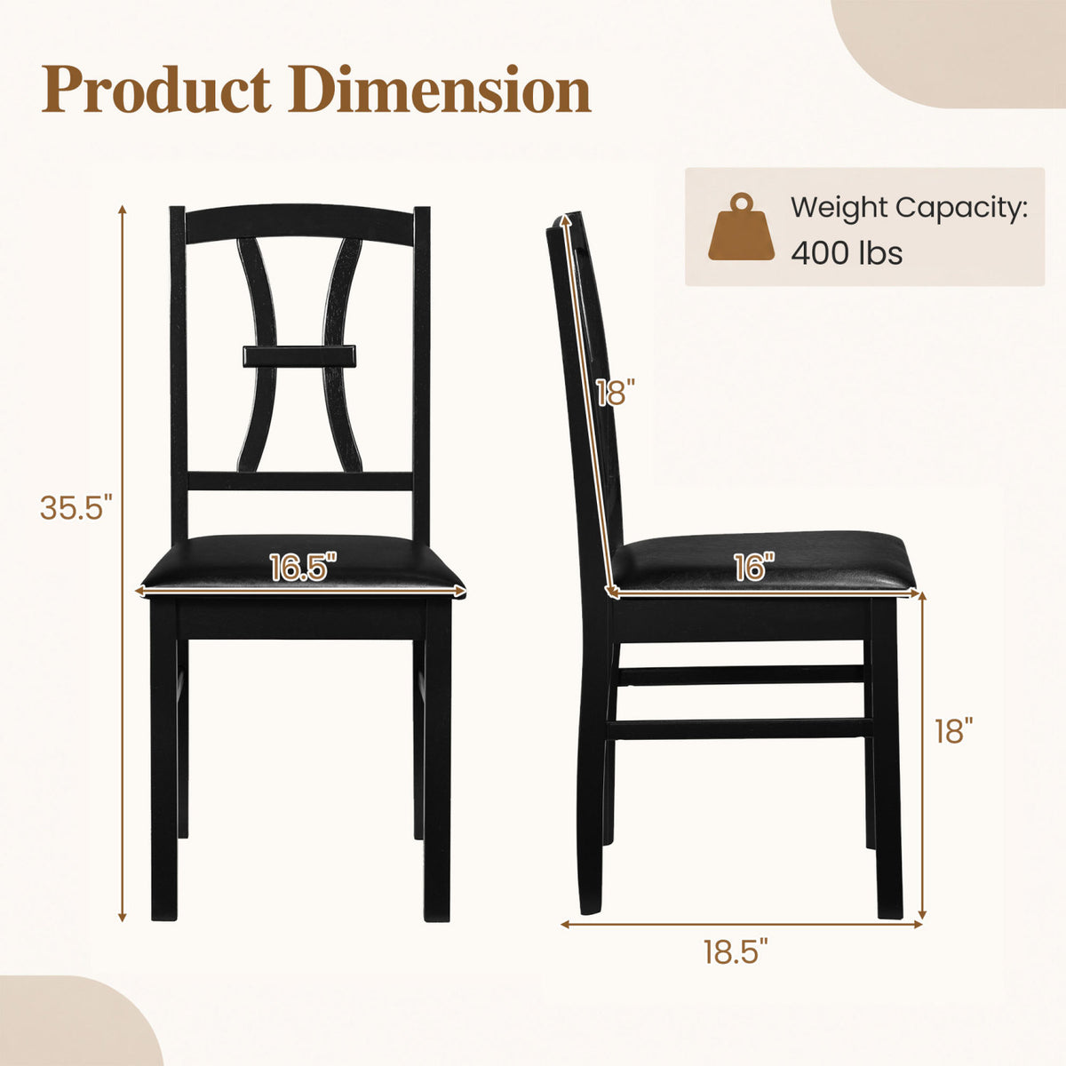 Wooden Dining Chairs Set of 2 with Faux Leather Padded Seat for Kitchen