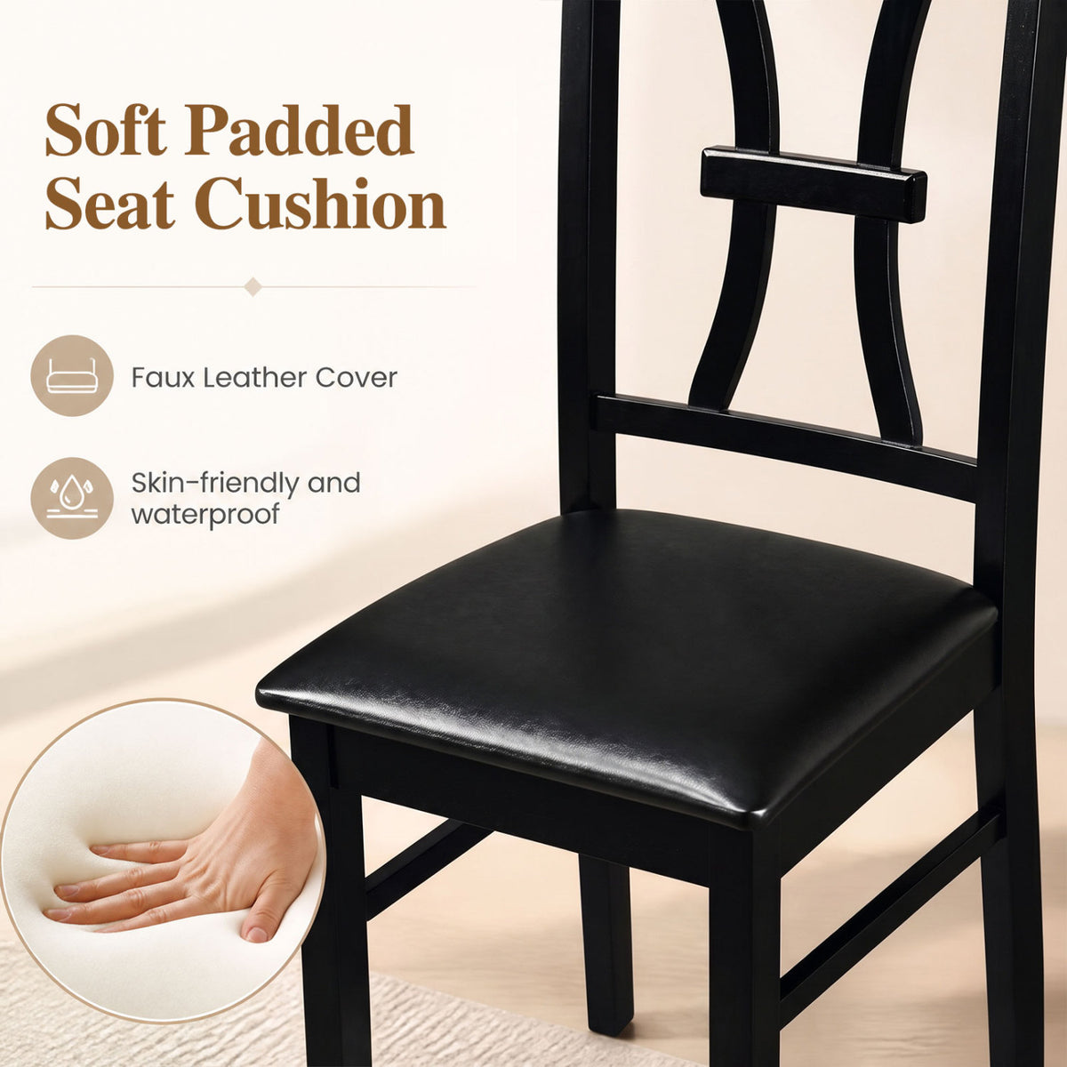 Wooden Dining Chairs Set of 2 with Faux Leather Padded Seat for Kitchen