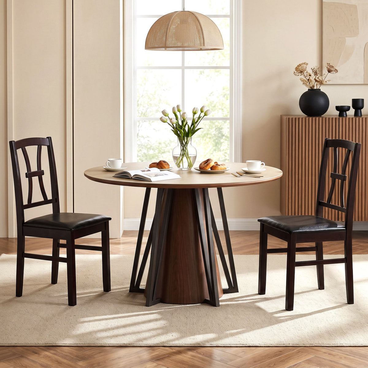 Wooden Dining Chairs Set of 2 with Faux Leather Padded Seat for Kitchen