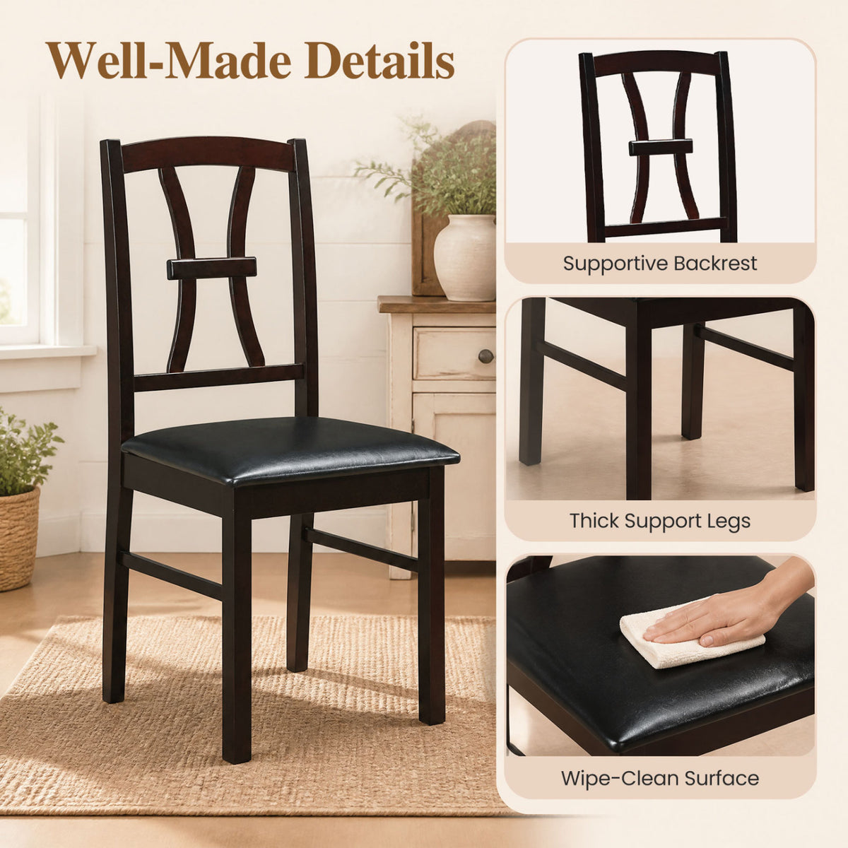 Wooden Dining Chairs Set of 2 with Faux Leather Padded Seat for Kitchen