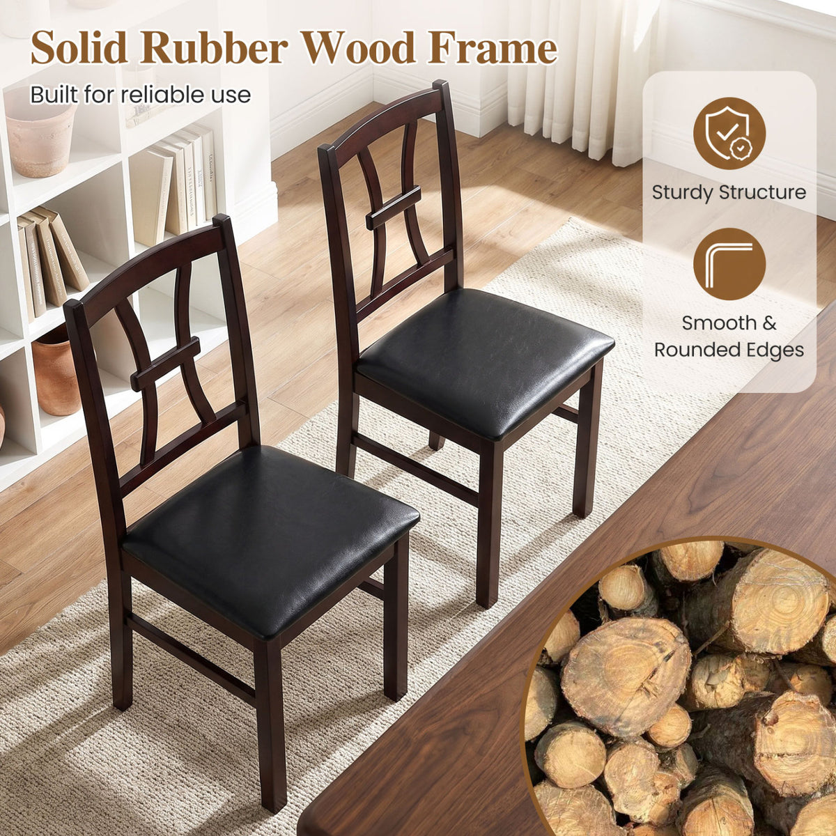 Wooden Dining Chairs Set of 2 with Faux Leather Padded Seat for Kitchen