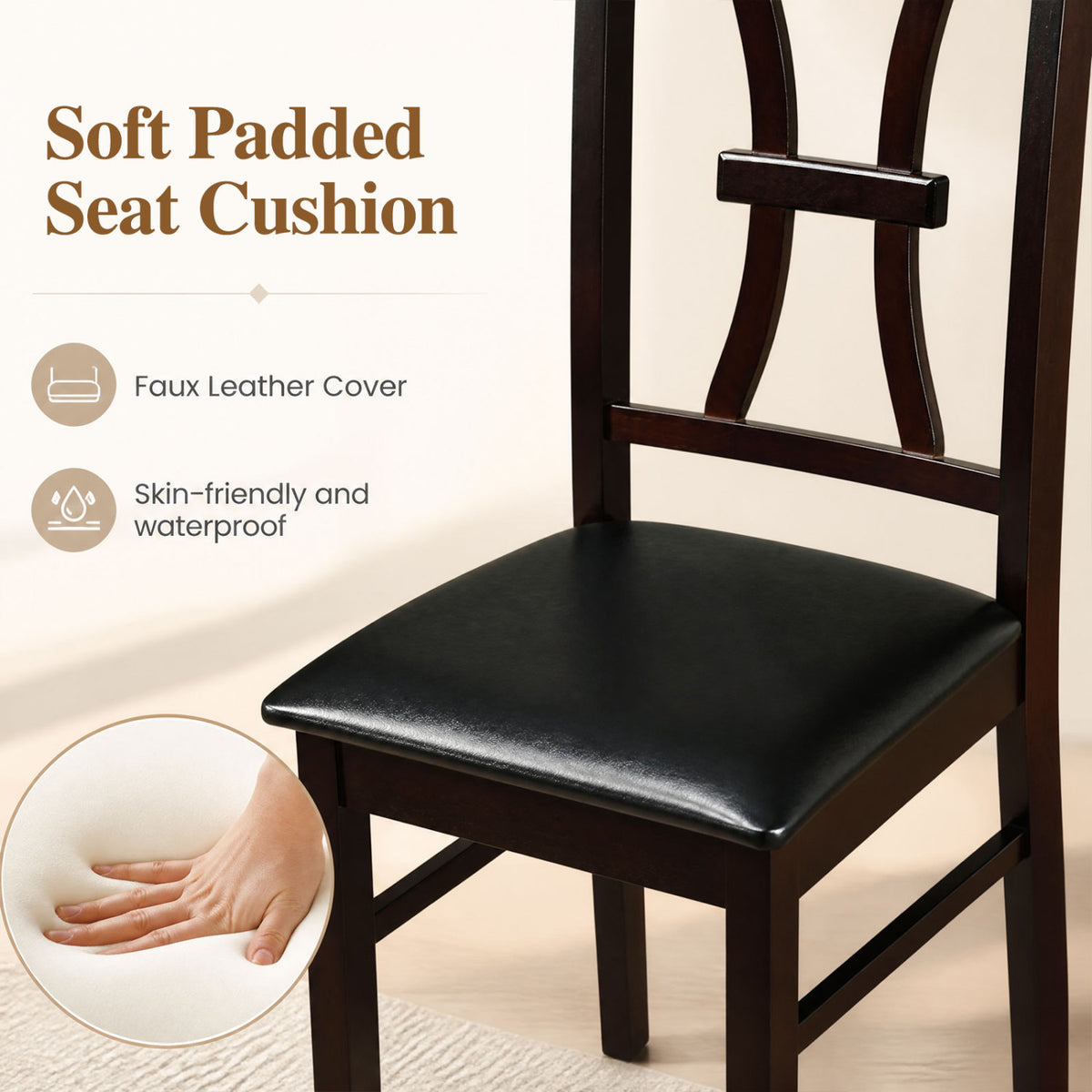 Wooden Dining Chairs Set of 2 with Faux Leather Padded Seat for Kitchen