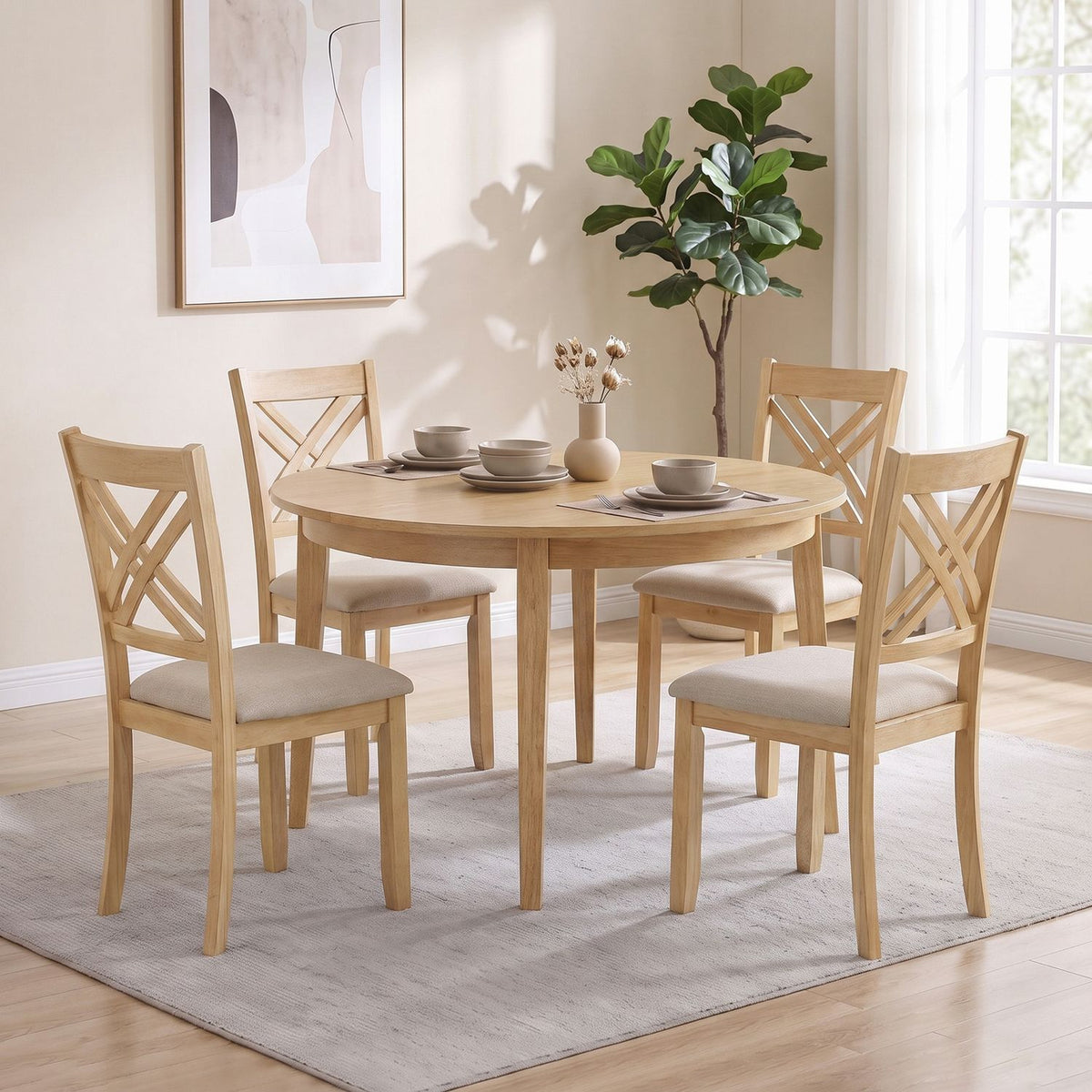 Wooden Dining Chairs Set of 4 with Fabric Padded Seat and Solid Rubber Wood for Kitchen